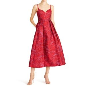 NWT ML Monique Lhuillier Isabela Jacquard Midi Dress - Red size 8